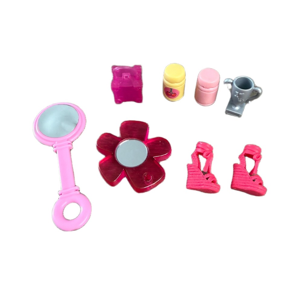 Mattel Barbie Doll Accessories Lot Pink Wedge Shoes Flower Mirror Trophy Bottles